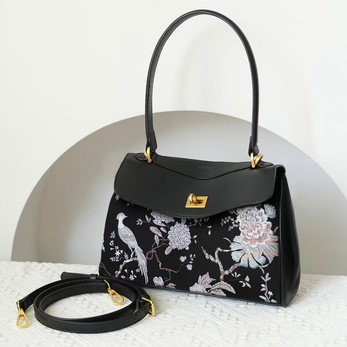 Black Silk Embroidery Bird & Floral Handbag
