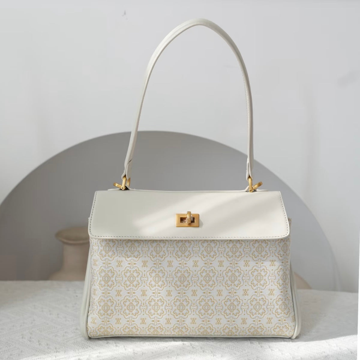 Ivory Silk Embroidery Floral Handbag