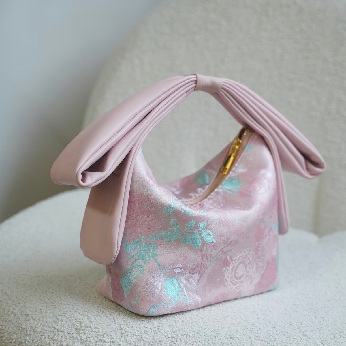 Pink Silk Jacquard Bow-Handle Mini Handbag