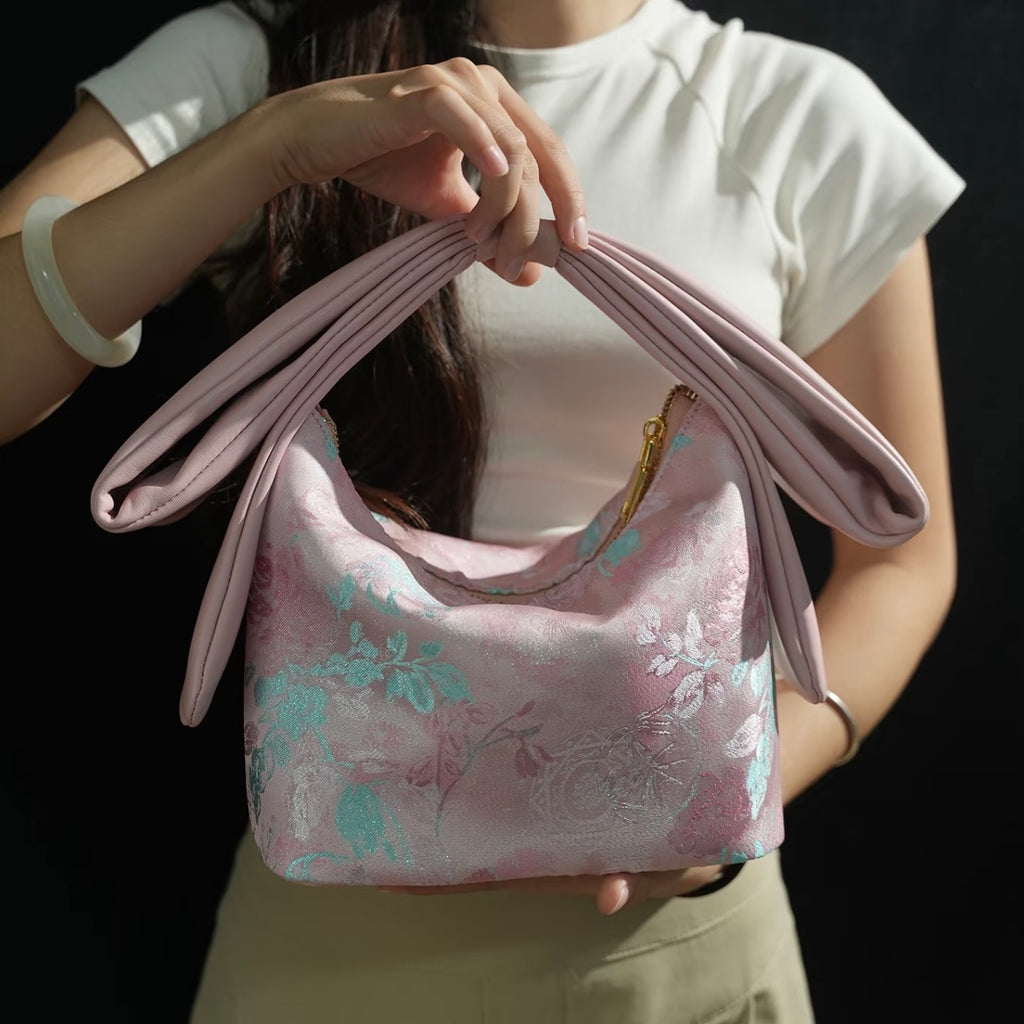 Pink Silk Jacquard Bow-Handle Mini Handbag