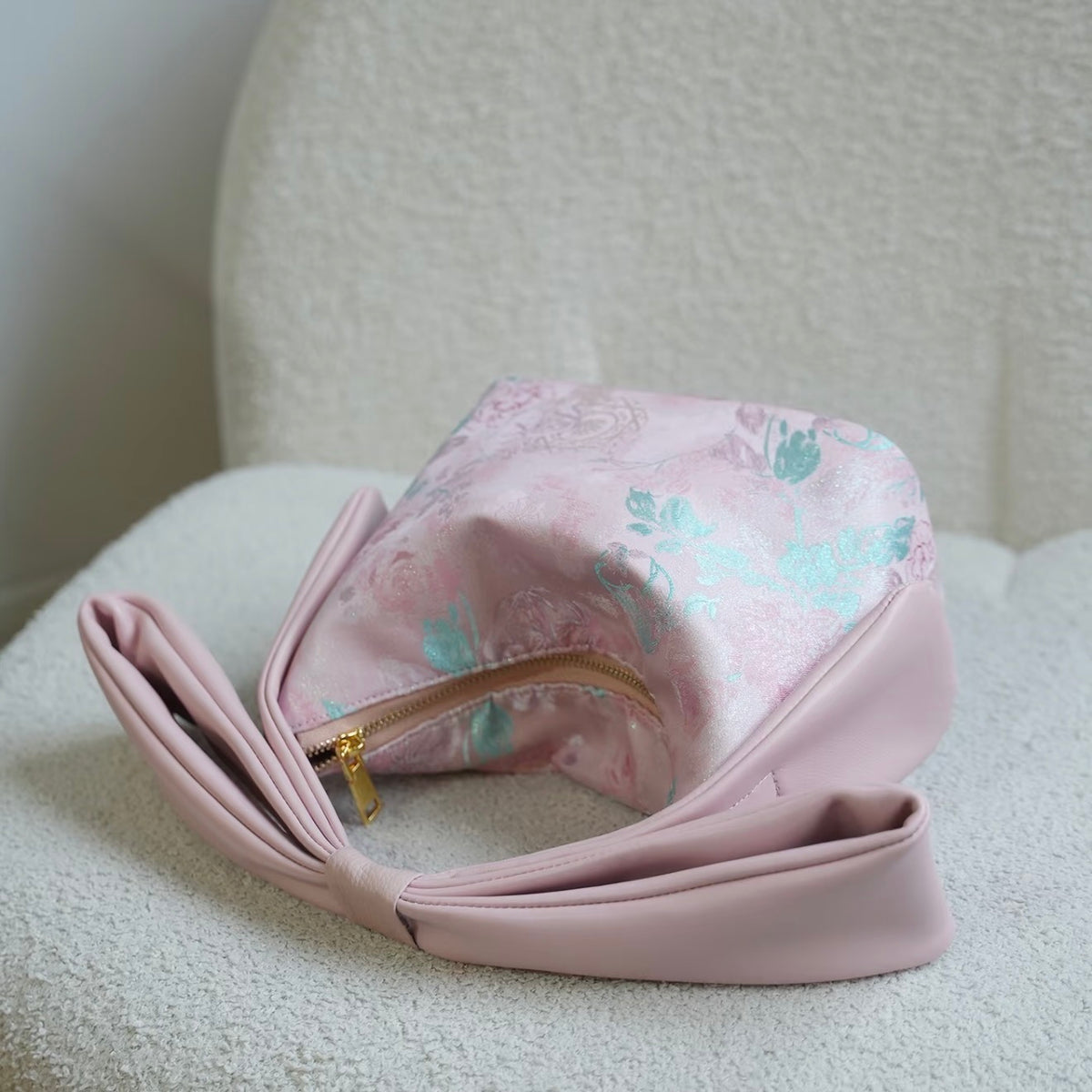 Pink Silk Jacquard Bow-Handle Mini Handbag