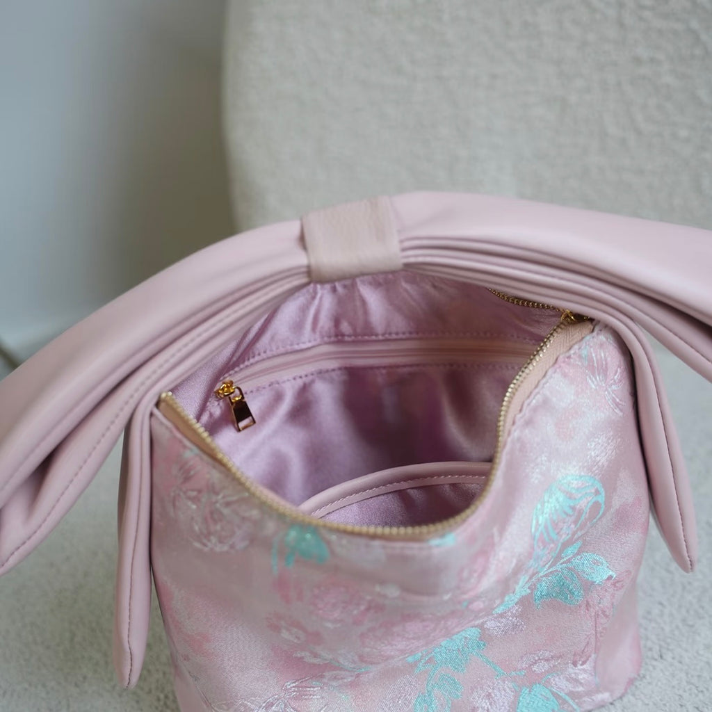 Pink Silk Jacquard Bow-Handle Mini Handbag